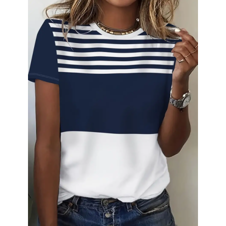Women's Striped Short Sleeve Tee T-shirt Crew Neck Printing Casual Summer Graphic Tee Top