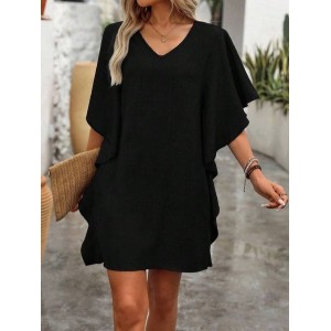 Women Plain Short Sleeve V Neck Split Joint Dress Daily Vintage Mini Ruffle Skirt A-Line Summer Dress
