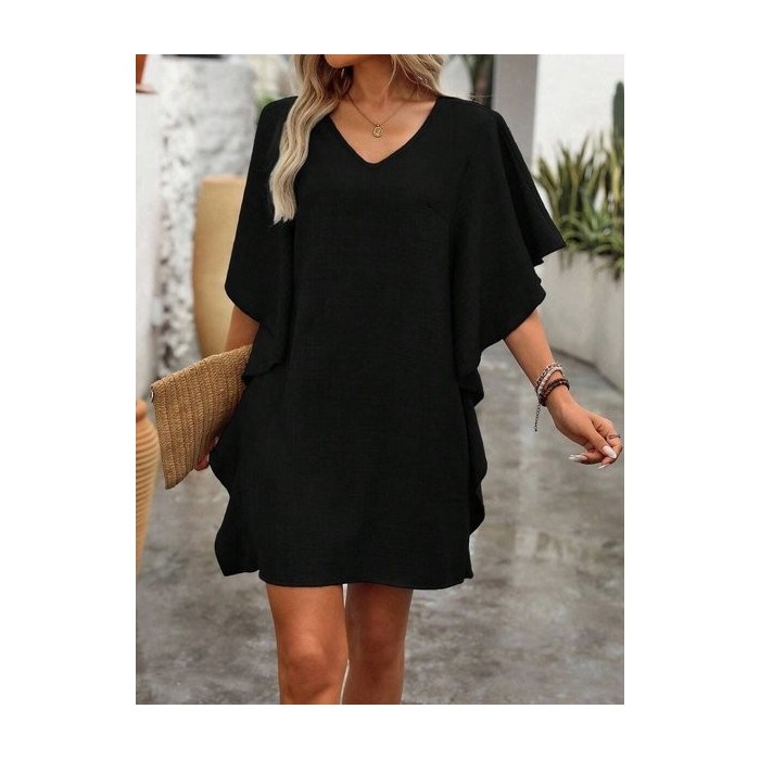 Women Plain Short Sleeve V Neck Split Joint Dress Daily Vintage Mini Ruffle Skirt A-Line Summer Dress