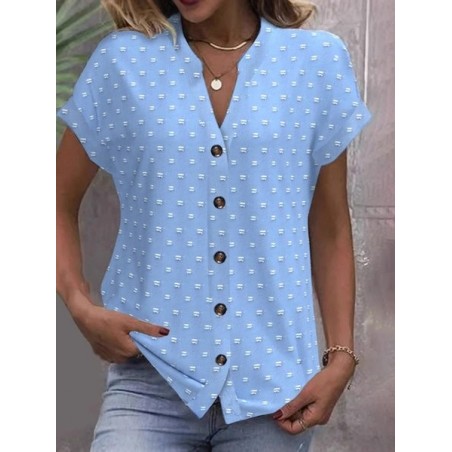 Women Polka Dots Short Sleeve Tee T-shirt V Neck Jacquard Casual Summer Top