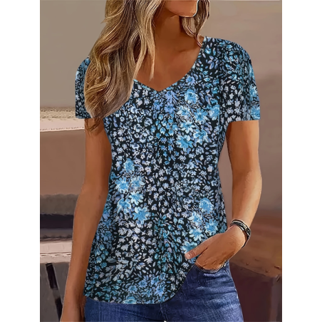 Women Floral Short Sleeve Tee T-shirt V Neck Printing Casual Summer Graphic Tee Top