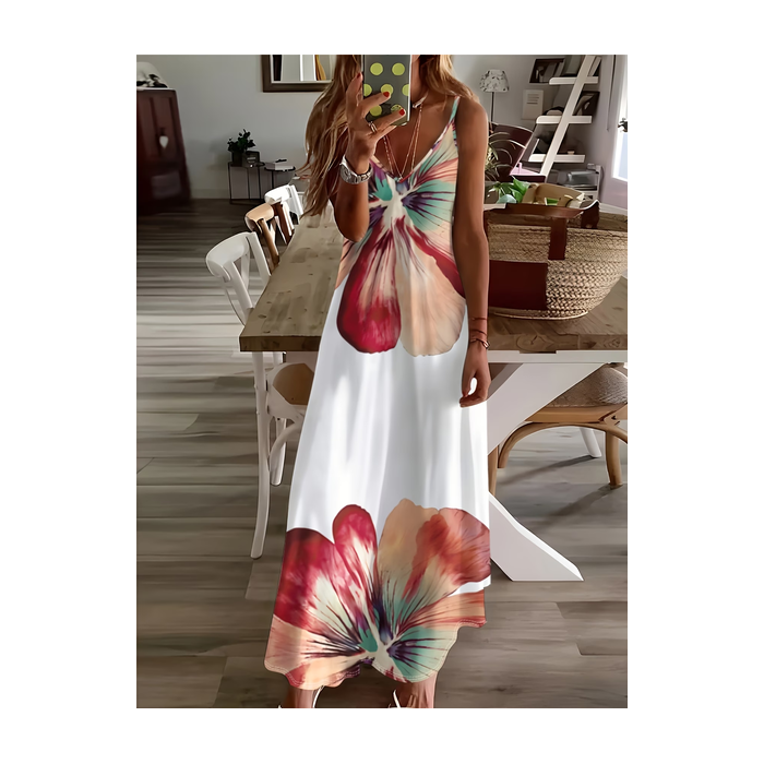 Women Floral Sleeveless V Neck Printing Dress Daily Casual Maxi Slip Dress X-Line Summer Dress