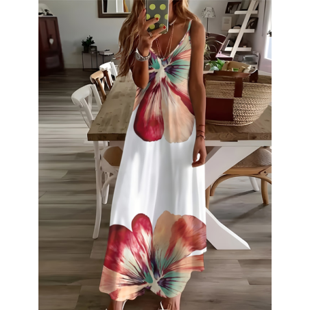 Women Floral Sleeveless V Neck Printing Dress Daily Casual Maxi Slip Dress X-Line Summer Dress