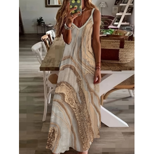 Women Abstract Sleeveless V Neck Printing Dress Daily Casual Maxi Slip Dress X-Line Summer Dress