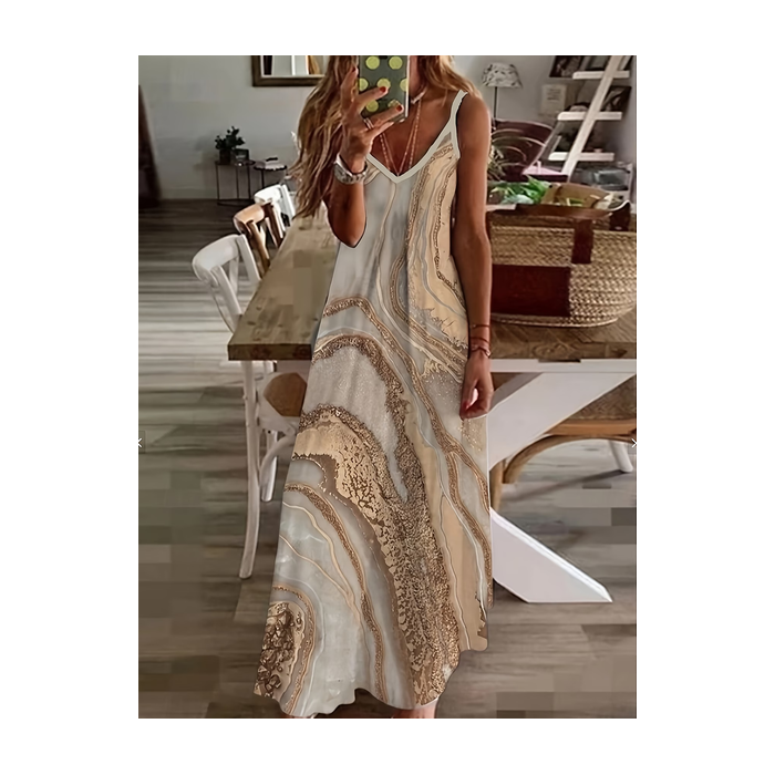 Women Abstract Sleeveless V Neck Printing Dress Daily Casual Maxi Slip Dress X-Line Summer Dress