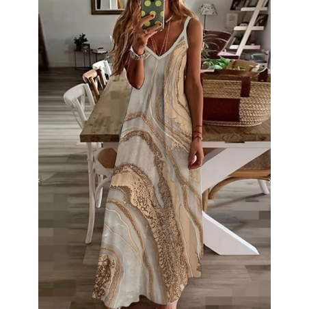 Women Abstract Sleeveless V Neck Printing Dress Daily Casual Maxi Slip Dress X-Line Summer Dress
