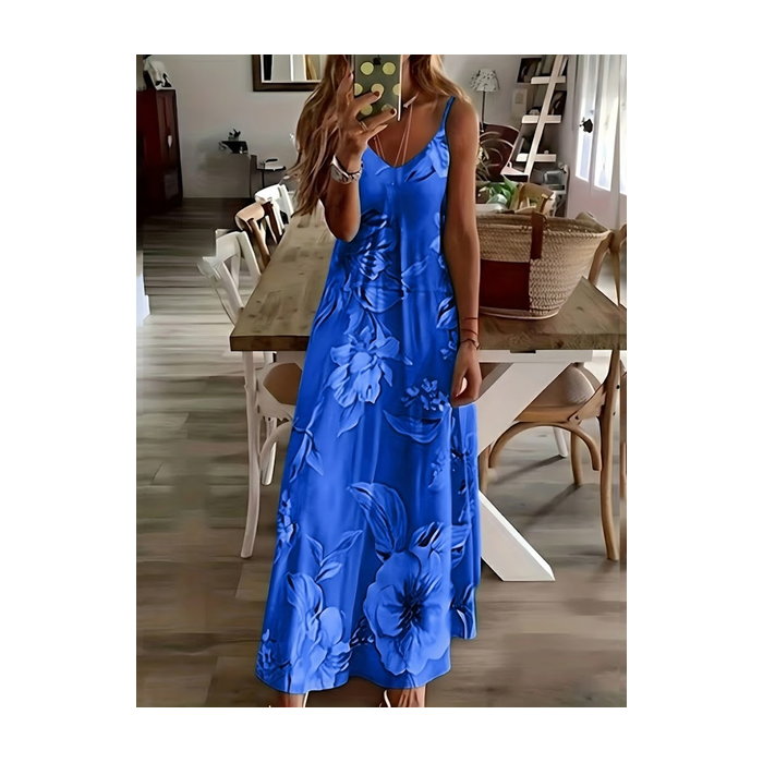 Women Floral Sleeveless V Neck Printing Dress Daily Casual Maxi Slip Dress X-Line Summer Dress