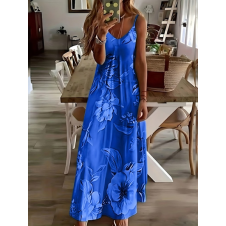 Women Floral Sleeveless V Neck Printing Dress Daily Casual Maxi Slip Dress X-Line Summer Dress