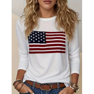 Women America Flag Long Sleeve Tee T-shirt Crew Neck Printing Casual Graphic Tee Spring/Fall Top
