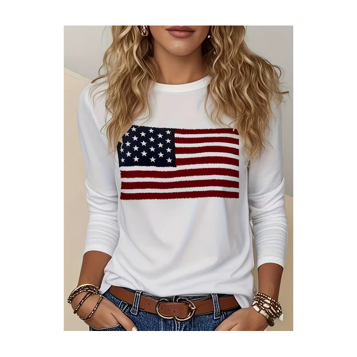 Women America Flag Long Sleeve Tee T-shirt Crew Neck Printing Casual Graphic Tee Spring/Fall Top