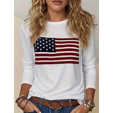 Women America Flag Long Sleeve Tee T-shirt Crew Neck Printing Casual Graphic Tee Spring/Fall Top
