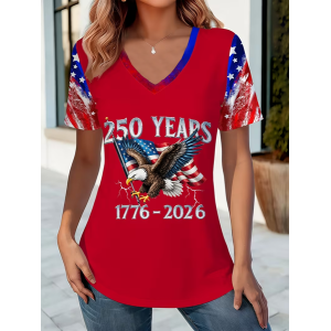 Women Text Letters Short Sleeve Tee T-shirt V Neck Casual Summer Top