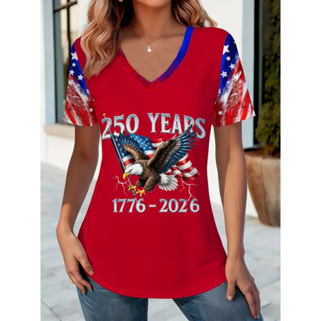 Women Text Letters Short Sleeve Tee T-shirt V Neck Casual Summer Top