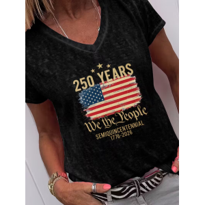 Women Text Letters Short Sleeve Tee T-shirt V Neck Casual Summer Top