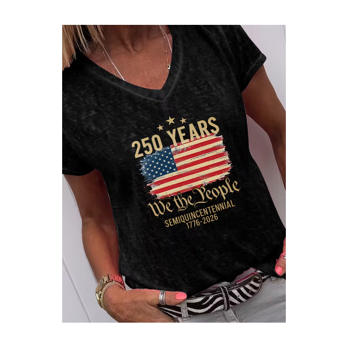 Women Text Letters Short Sleeve Tee T-shirt V Neck Casual Summer Top