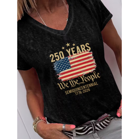 Women Text Letters Short Sleeve Tee T-shirt V Neck Casual Summer Top