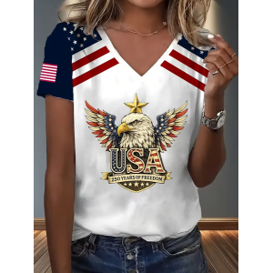 Women Text Letters Short Sleeve Tee T-shirt V Neck Casual Summer Top