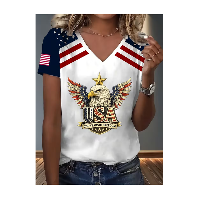 Women Text Letters Short Sleeve Tee T-shirt V Neck Casual Summer Top