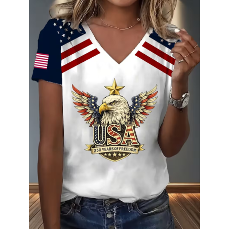 Women Text Letters Short Sleeve Tee T-shirt V Neck Casual Summer Top