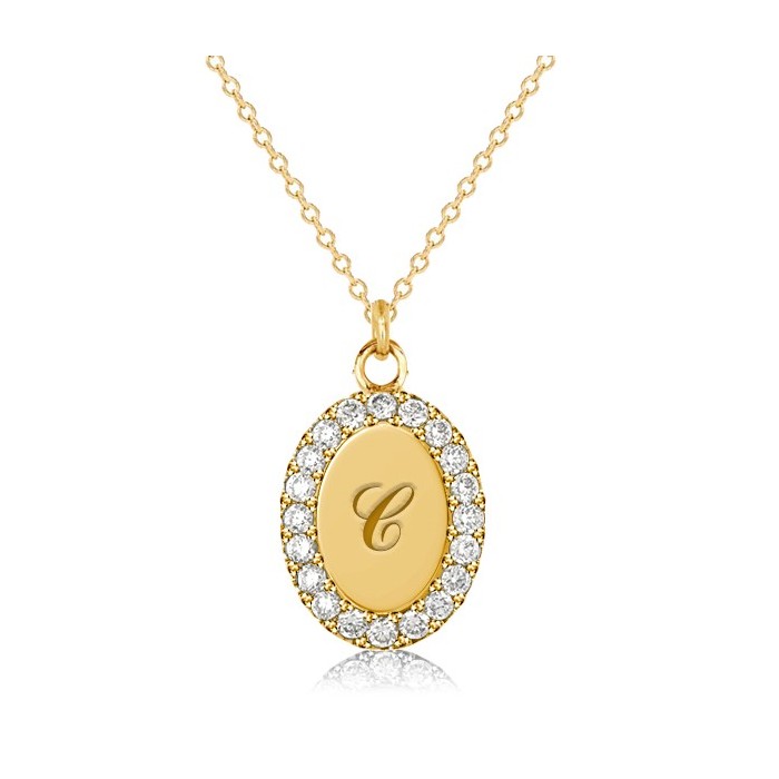 Oval Signet Pave Pendant Initial Personalized Necklace For Women