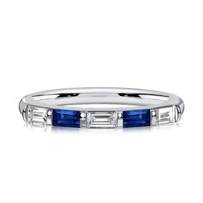 Italo Bar Setting Baguette Cut Blue & White Sapphire Half Eternity Band For Women