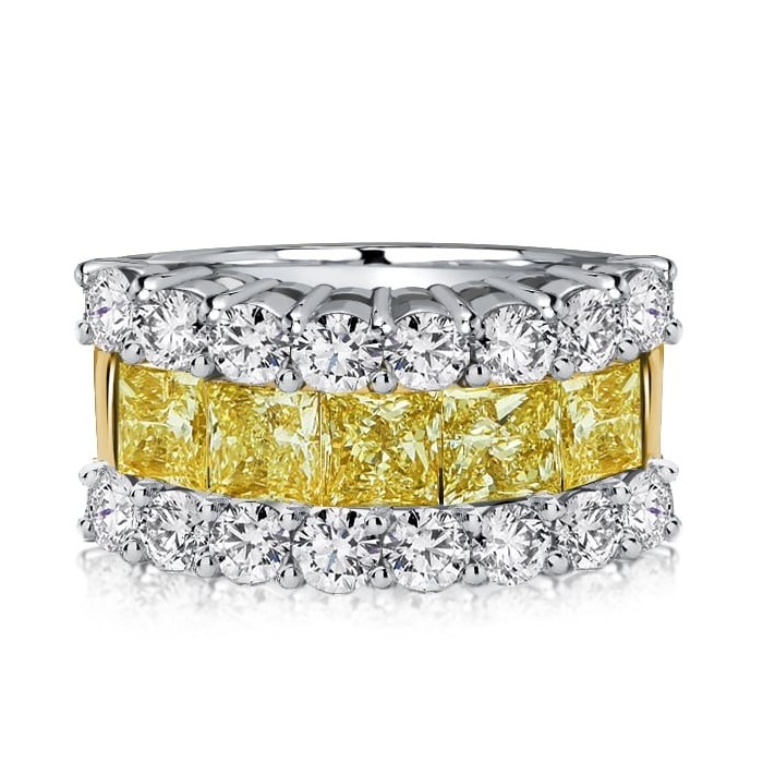 Italo Triple Row Two Tone Princess Cut Yellow Topaz Wedding Band For Women