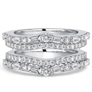 Italo Double Row Baguette & Round Cut Ring Guard Enhancer Wedding Band For Women