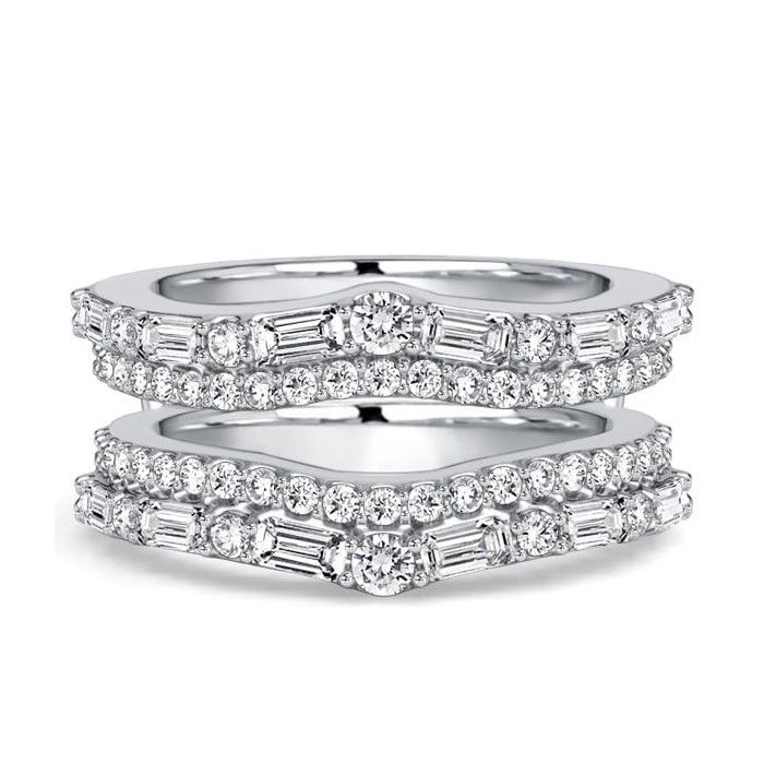 Italo Double Row Baguette & Round Cut Ring Guard Enhancer Wedding Band For Women