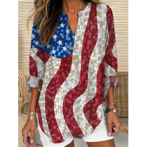 Women America Flag V Neck Long Sleeve Blouse Printing Casual Daily Spring/Fall Top