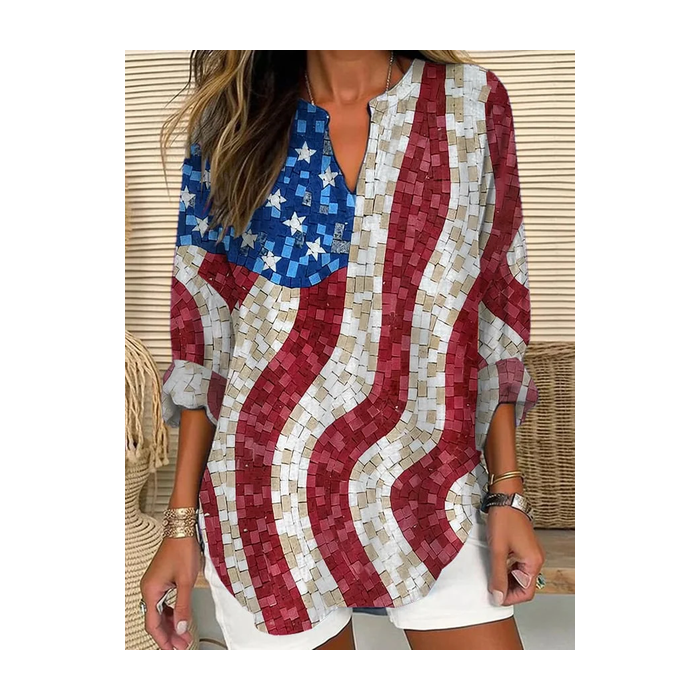 Women America Flag V Neck Long Sleeve Blouse Printing Casual Daily Spring/Fall Top