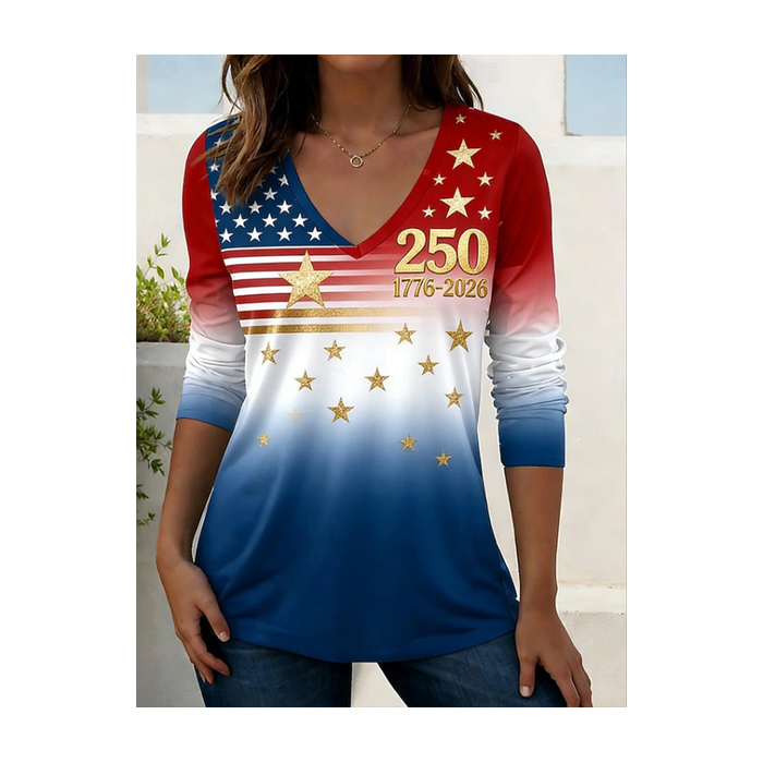 Women America Flag Long Sleeve Tee T-shirt V Neck Printing Casual Graphic Tee Spring/Fall Top