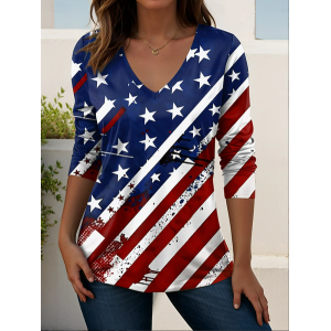 Women America Flag Long Sleeve Tee T-shirt V Neck Printing Casual Graphic Tee Spring/Fall Top