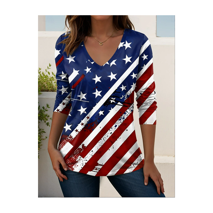 Women America Flag Long Sleeve Tee T-shirt V Neck Printing Casual Graphic Tee Spring/Fall Top