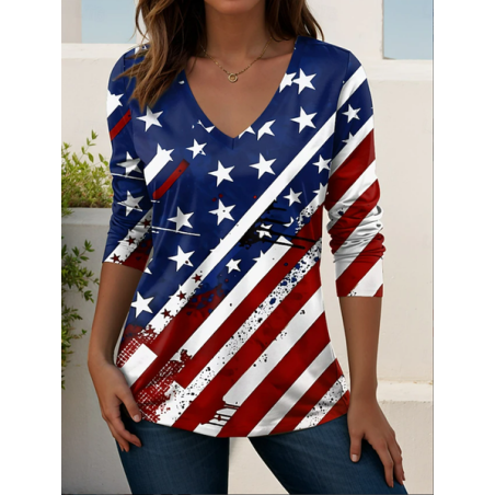 Women America Flag Long Sleeve Tee T-shirt V Neck Printing Casual Graphic Tee Spring/Fall Top