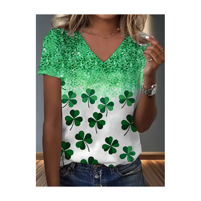 Women Shamrock Short Sleeve Tee T-shirt V Neck Casual Summer Top