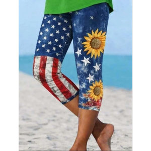 Women Sunflower Capris Elastic Waist Pants Casual Summer Trousers