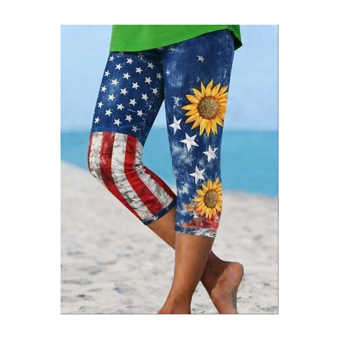 Women Sunflower Capris Elastic Waist Pants Casual Summer Trousers