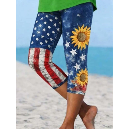 Women Sunflower Capris Elastic Waist Pants Casual Summer Trousers