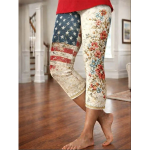 Women Floral Capris Elastic Waist Pants Casual Summer Trousers
