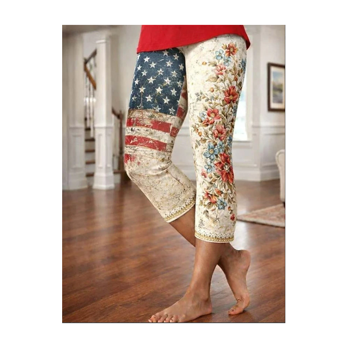 Women Floral Capris Elastic Waist Pants Casual Summer Trousers