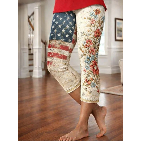 Women Floral Capris Elastic Waist Pants Casual Summer Trousers