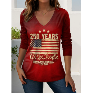 Women Text Letters Long Sleeve Tee T-shirt V Neck Printing Casual Graphic Tee Spring/Fall Top