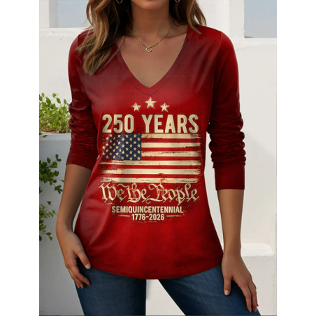 Women Text Letters Long Sleeve Tee T-shirt V Neck Printing Casual Graphic Tee Spring/Fall Top