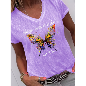 Women Text Letters Short Sleeve Tee T-shirt V Neck Casual Summer Top