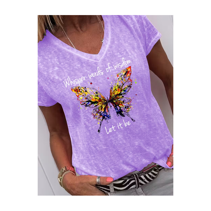 Women Text Letters Short Sleeve Tee T-shirt V Neck Casual Summer Top