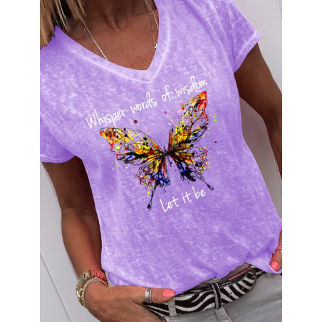 Women Text Letters Short Sleeve Tee T-shirt V Neck Casual Summer Top