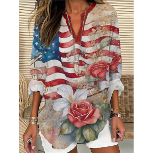 Women Floral V Neck Long Sleeve Blouse Printing Casual Daily Spring/Fall Top