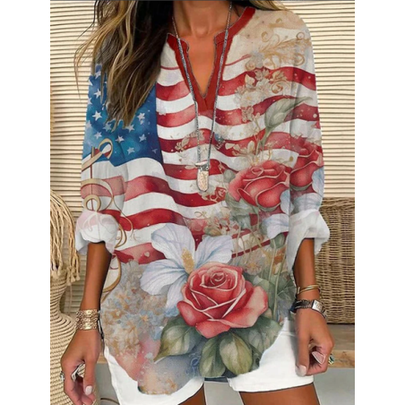 Women Floral V Neck Long Sleeve Blouse Printing Casual Daily Spring/Fall Top