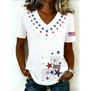 Women America Flag Short Sleeve Tee T-shirt V Neck Casual Summer Top