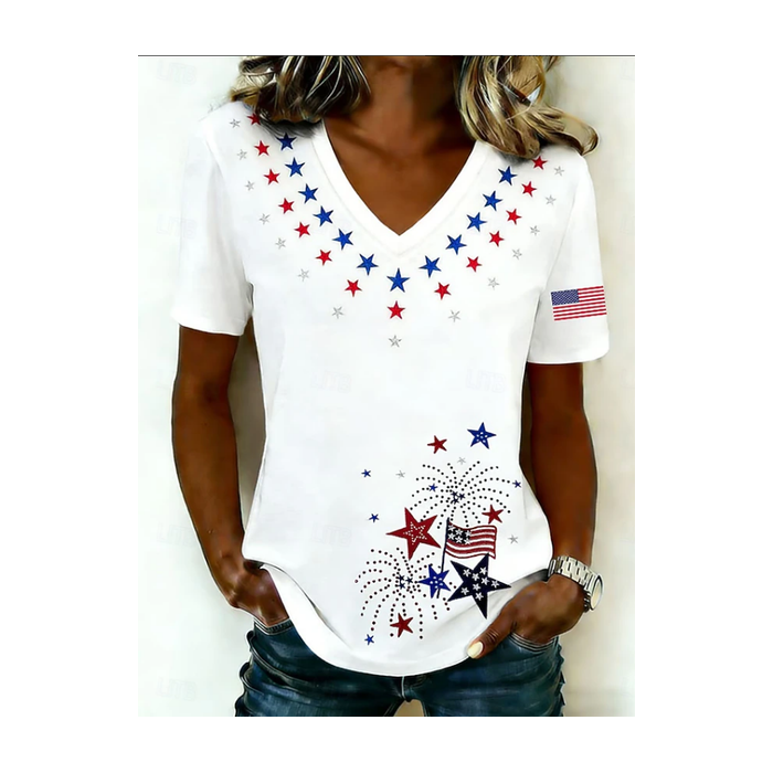 Women America Flag Short Sleeve Tee T-shirt V Neck Casual Summer Top